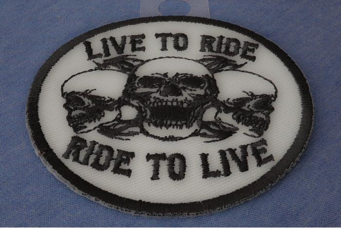 Live To Ride Ride To Live Three Skulls Patch diagonal view
