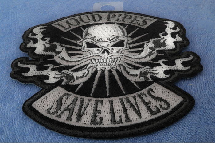 Loud Pipes Save Lives Skull and Pipes Patch diagonal view