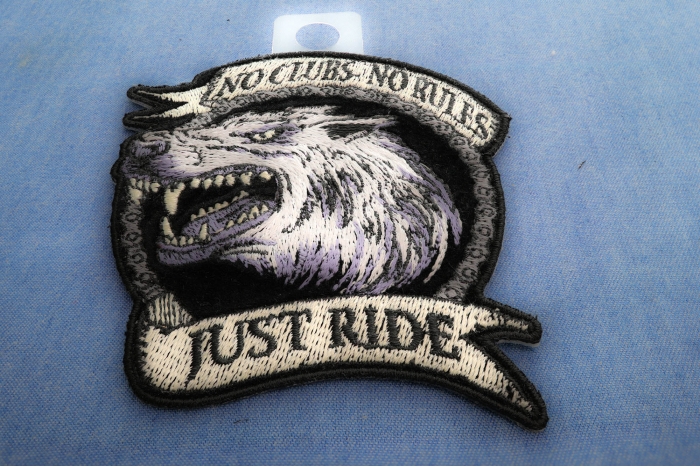 No Clubs No Rules Just Ride Wolf Biker Patch diagonal view