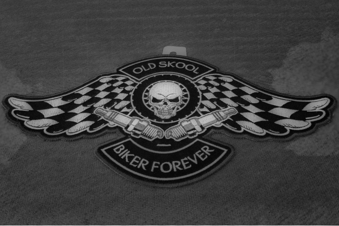 Old Skool Biker Forever Skull Checkered Flags and Spark Plugs Patch diagonal view