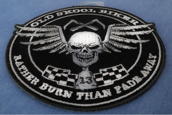 Old Skool Biker Skull Rather Burn Than Fade Away Patch diagonal view
