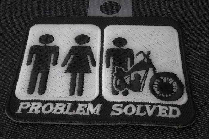 Problem Solved Marriage and Motorcycle Funny Biker Patch diagonal view