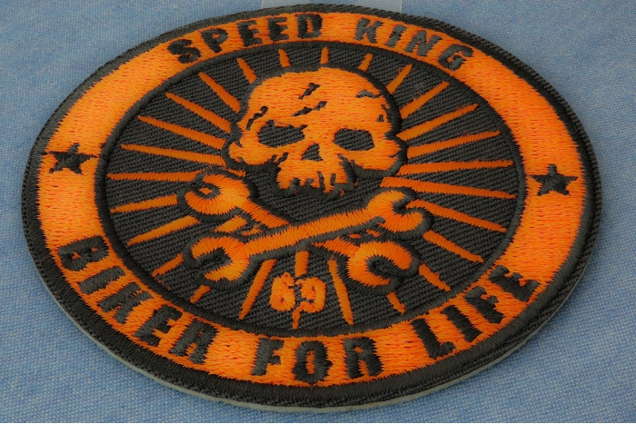 Speed King Biker For Life Crossed Wrenches and Skull Patch diagonal view