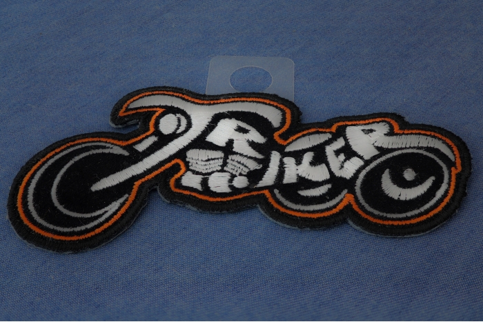 Triker Small Biker Patch In White and Orange diagonal view