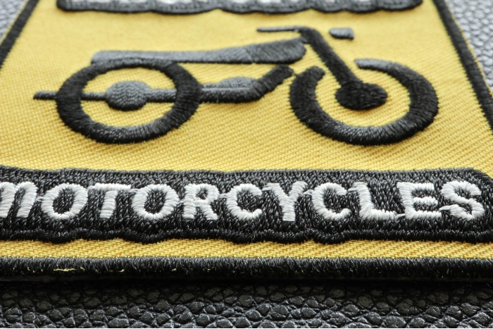 Watch Out For Motorcycles Iron on Biker Patch Watch Out For Motorcycles Iron on Biker Patch diagonal view
