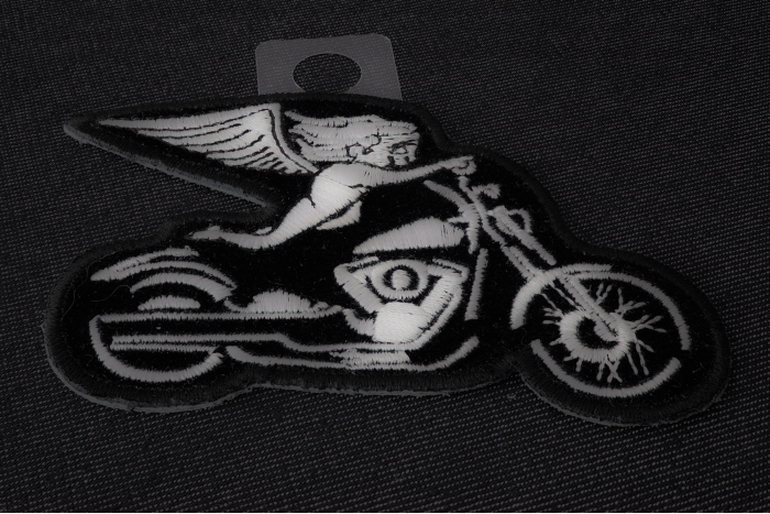White Biker Angel On Motorcycle Patch diagonal view