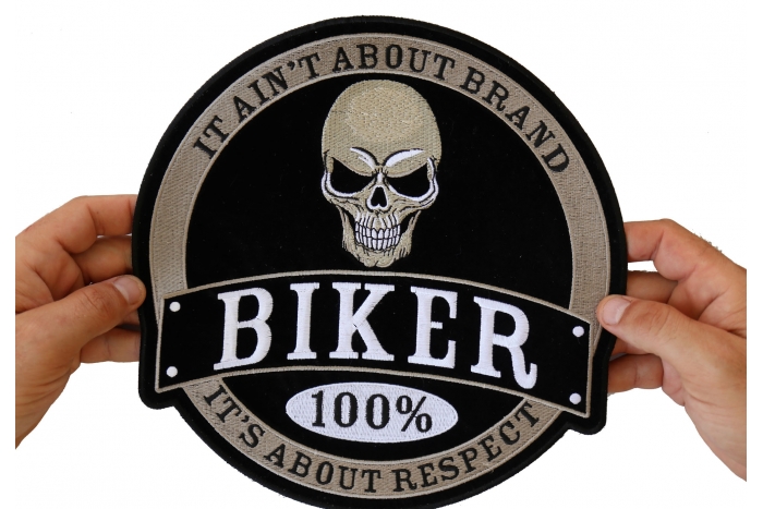 It Ain't About Brand Biker 100% It's All About Respect Skull Patch, Large Skull Patches for Biker Jackets shown on hand for size comparison