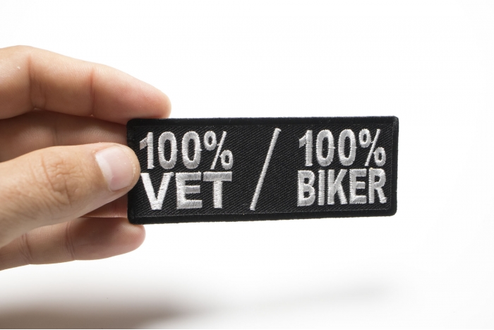 100 Percent Vet 100 Percent Biker Patch, Biker Saying Patches shown on hand for size comparison