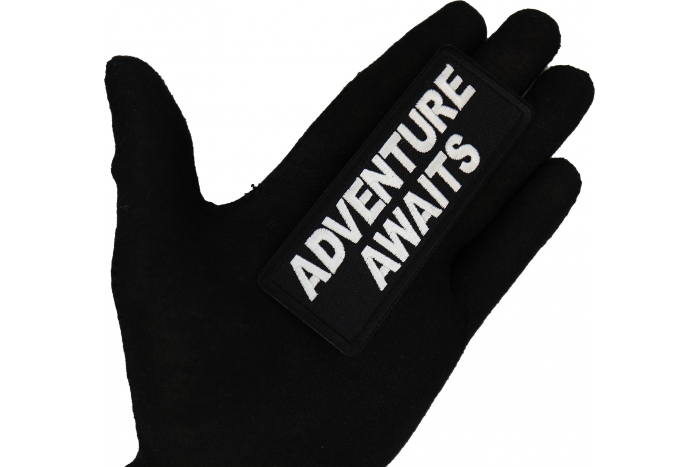 Adventure Awaits Patch, Biker Saying Patches shown on hand for size comparison
