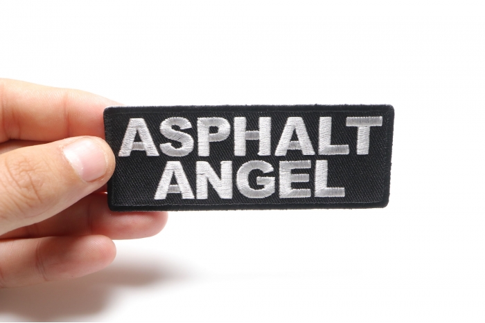 Asphalt Angel Patch, Biker Saying Patches shown on hand for size comparison