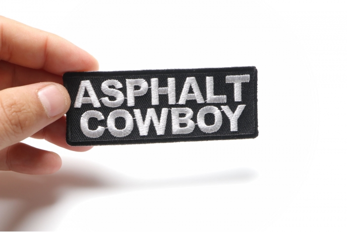 Asphalt Cowboy Patch, Biker Saying Patches shown on hand for size comparison