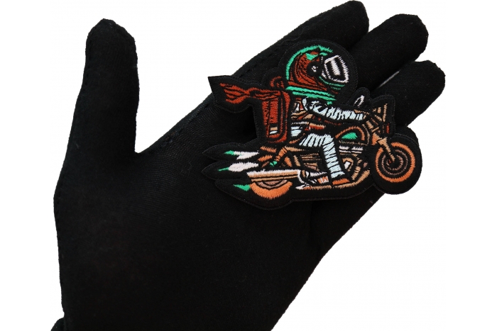 Astronaut Biker Patch, Biker Vest Patches, Sew or Iron on Patch shown on hand for size comparison