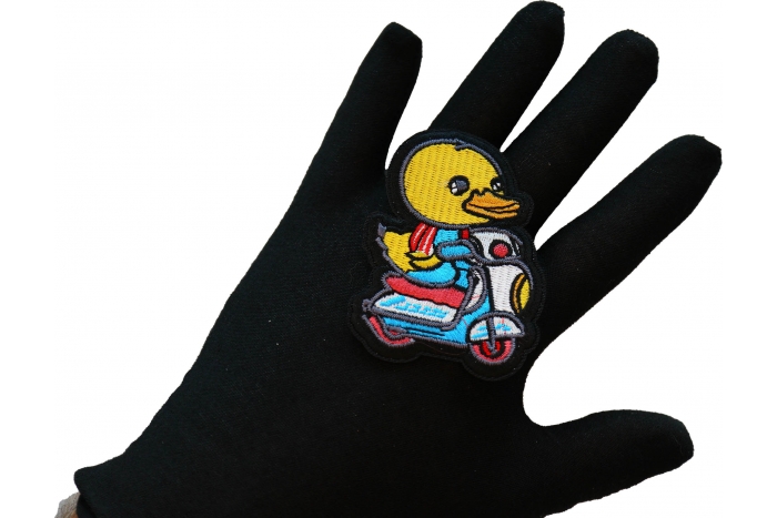 Baby Duck Biker Patch, Biker Vest Patches, Sew or Iron on Patch shown on hand for size comparison
