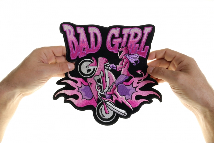 Bad Girl Motorcycle Wheeley Patch, Large Biker Back Patches for Leather Vests shown on hand for size comparison