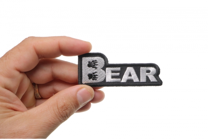 Bear Patch, Biker Saying Patches shown on hand for size comparison