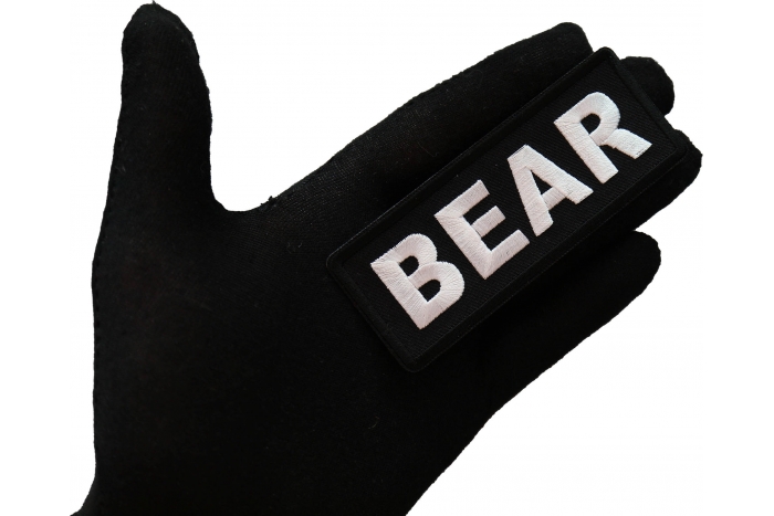 Bear Patch, Biker Saying Patches shown on hand for size comparison