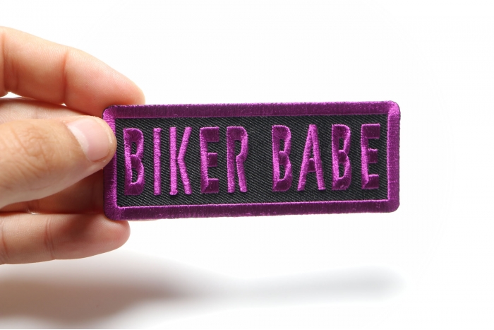 Biker Babe Patch, Biker Saying Patches shown on hand for size comparison