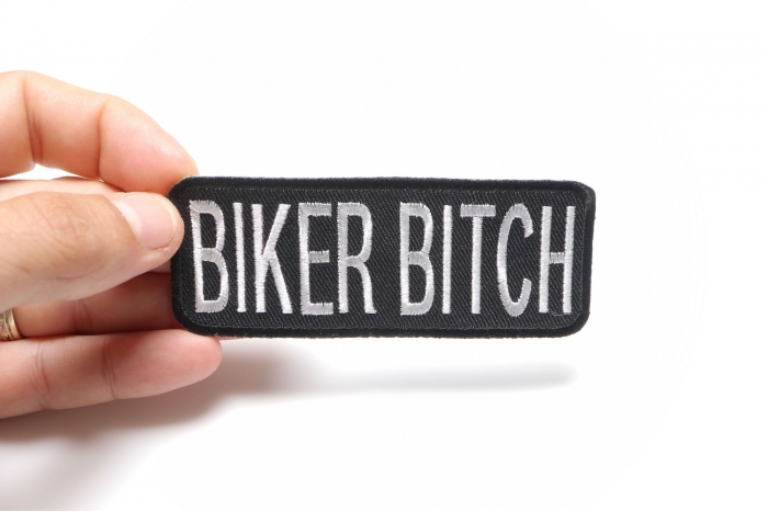 Biker Bitch Patch, Biker Saying Patches shown on hand for size comparison