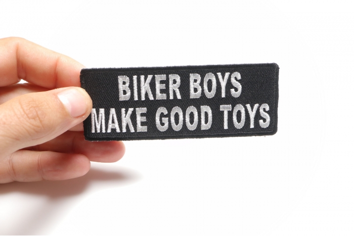Biker Boys Make Good Toys Patch, Biker Saying Patches shown on hand for size comparison
