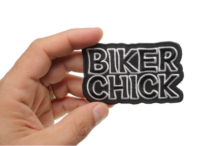 Biker Chick Patch, Biker Saying Patches shown on hand for size comparison