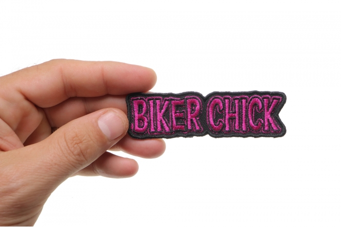 Biker Chick Patch, Biker Saying Patches shown on hand for size comparison