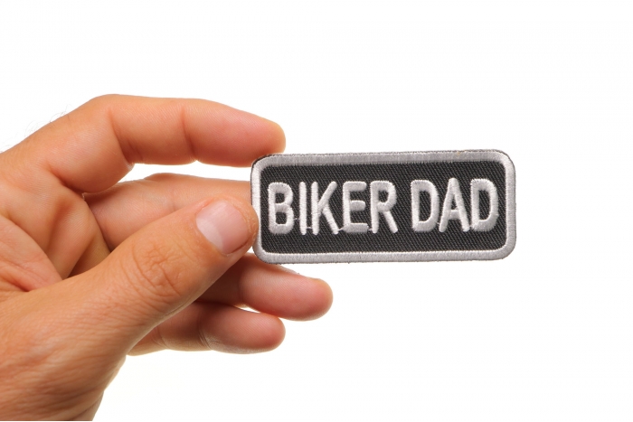 Biker Dad Patch, Biker Saying Patches shown on hand for size comparison