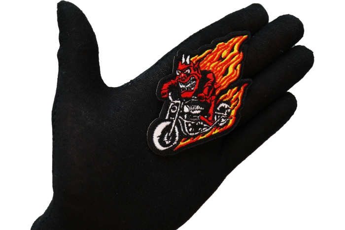 Devil Biker riding Motorcycle with Flames Patch, Biker Vest Patches, Sew or Iron on Patch shown on hand for size comparison