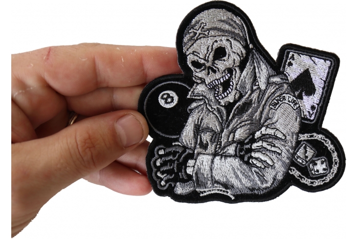 Biker Life Skull 8 Ball Aces and Dice Patch, Biker Skull Patches shown on hand for size comparison