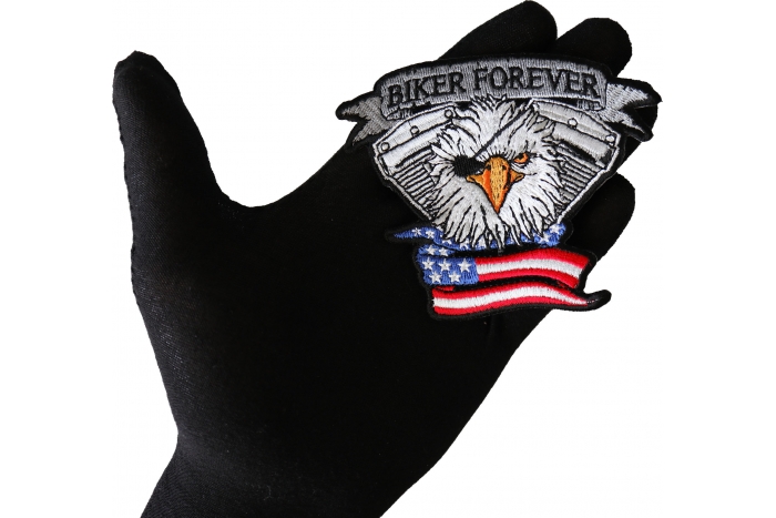 Biker Eagle Patch, Small Embroidered Iron on Patches shown on hand for size comparison