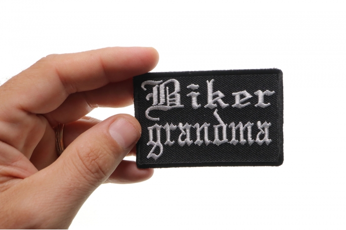 Biker Grandma Patch, Biker Saying Patches shown on hand for size comparison