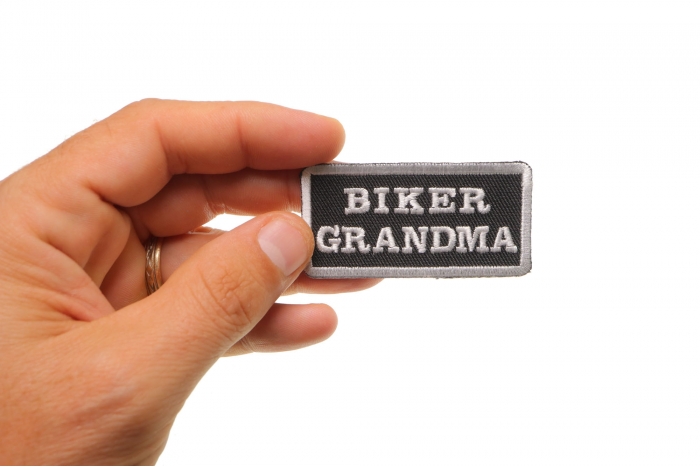 Biker Grandma Patch, Biker Saying Patches shown on hand for size comparison