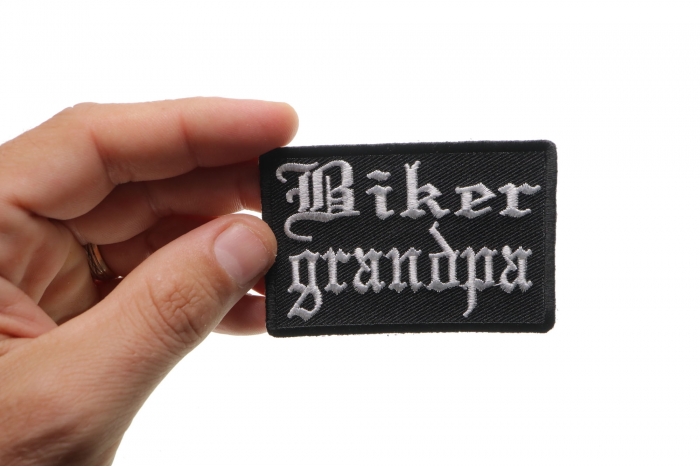 Biker Grandpa Patch, Biker Saying Patches shown on hand for size comparison