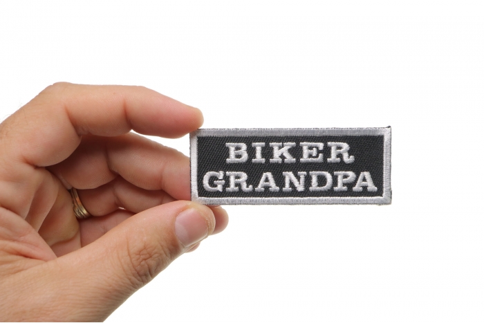 Biker Grandpa Patch, Biker Saying Patches shown on hand for size comparison