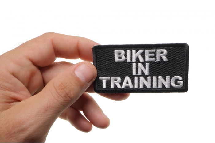 Biker In Training Patch, Biker Saying Patches shown on hand for size comparison