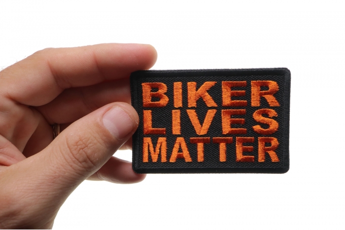 Biker Lives Matter Patch, Biker Saying Patches shown on hand for size comparison