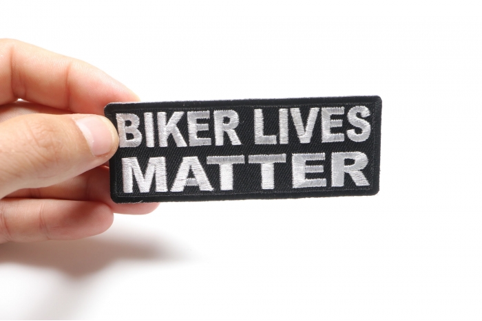Biker Lives Matter Patch, Biker Saying Patches shown on hand for size comparison