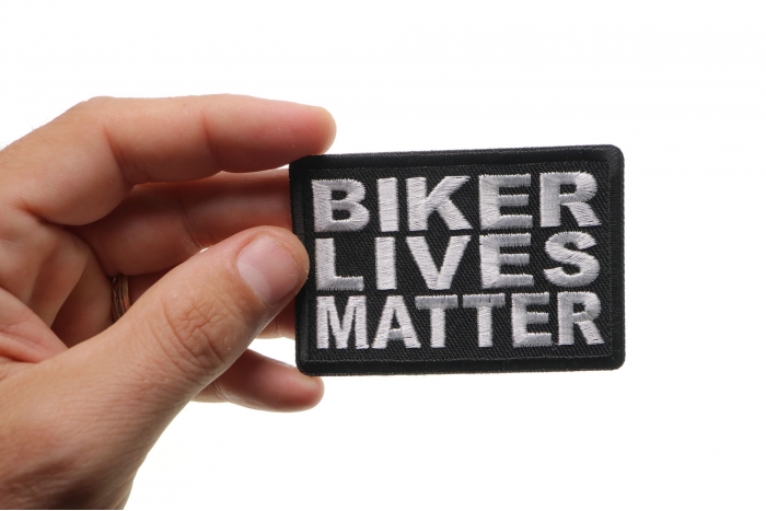 Biker Lives Matter Patch, Biker Saying Patches shown on hand for size comparison