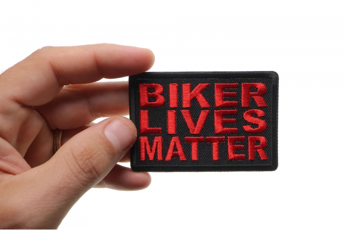 Biker Lives Matter Patch, Biker Saying Patches shown on hand for size comparison