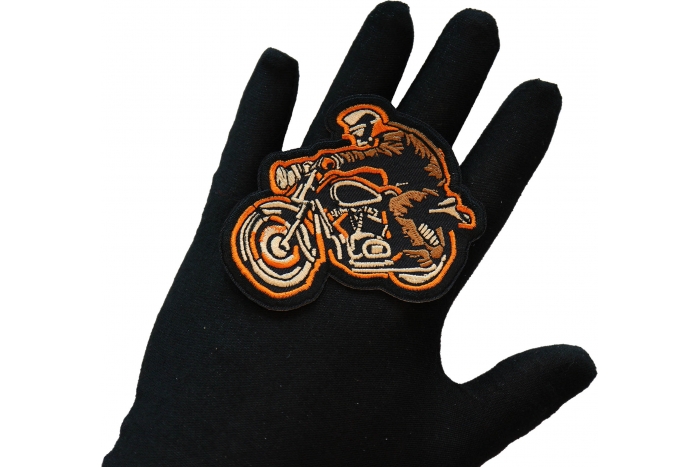Biker on Motorcycle Patch, Biker Vest Patches, Sew or Iron on Patch shown on hand for size comparison