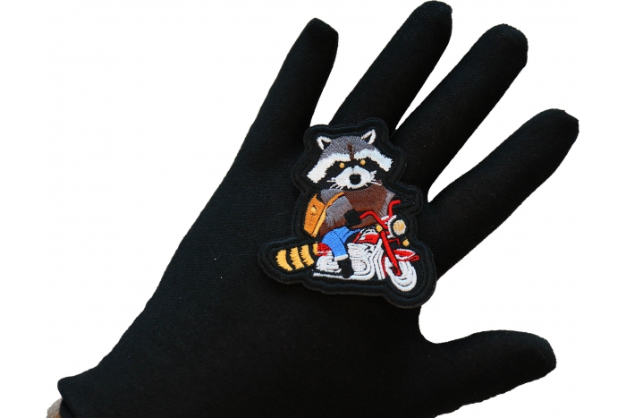 Raccoon Biker on Motorcycle Patch, Cute Animal Patches shown on hand for size comparison