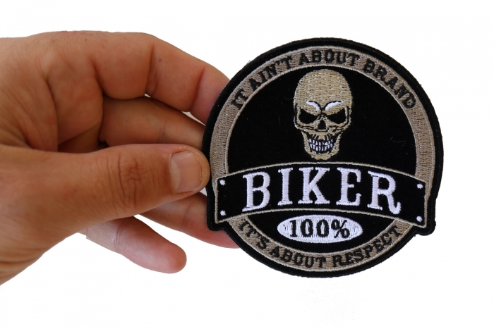 100 Percent Biker Skull, It Ain't About Brand It's About Respect Patch, Biker Skull Patches shown on hand for size comparison