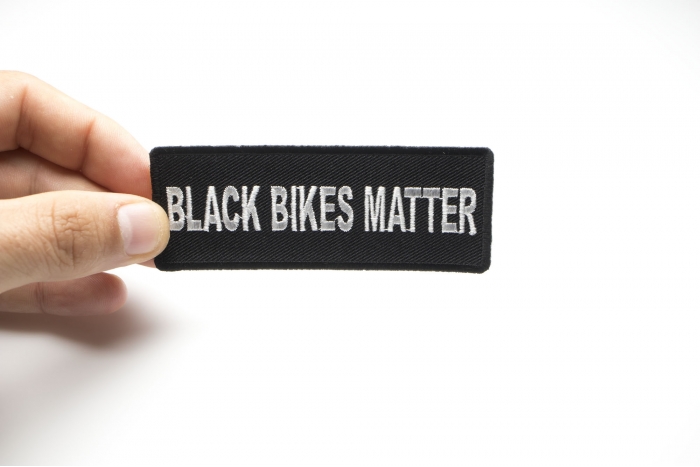 Black Bikes Matter Patch, Biker Saying Patches shown on hand for size comparison