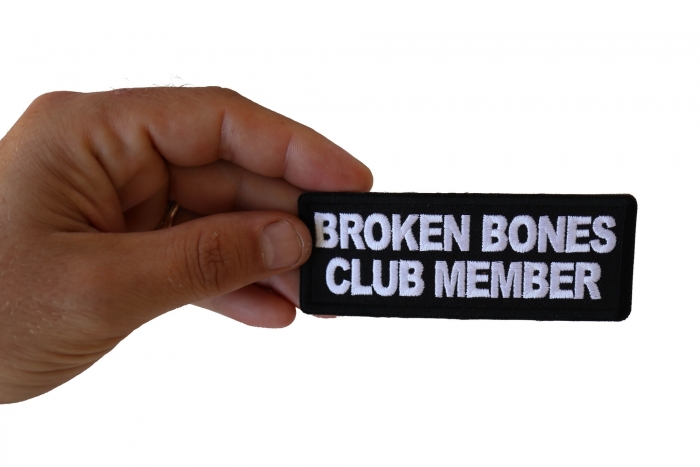 Broken Bones Club Member Patch, Biker Saying Patches shown on hand for size comparison