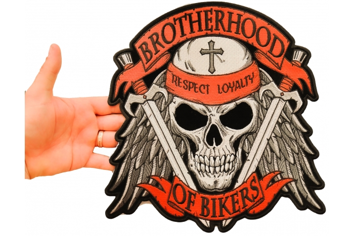 Brotherhood of Bikers Respect and Loyalty Skull Patch, Large Skull Patches for Biker Jackets shown on hand for size comparison