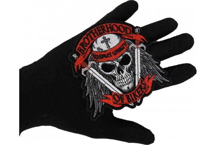 Brotherhood of Bikers Respect and Loyalty Skull and Swords Patch, Biker Skull Patches shown on hand for size comparison