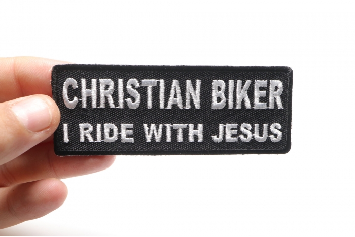 Christian Biker I Ride With Jesus Patch, Biker Saying Patches shown on hand for size comparison