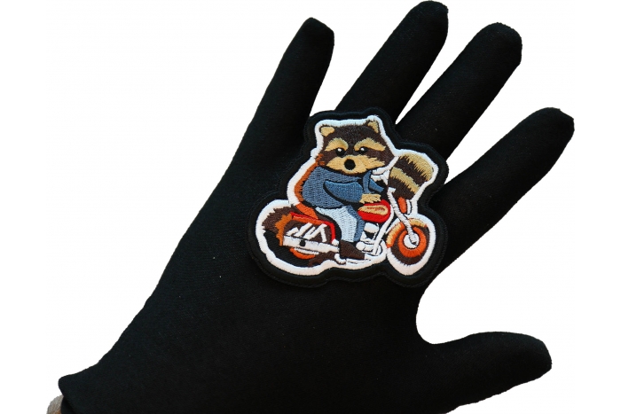 Cute Raccoon Biker on Motorcycle Patch, Cute Animal Patches shown on hand for size comparison
