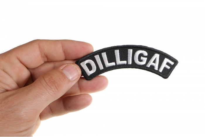 Dilligaf Patch, Biker Saying Patches shown on hand for size comparison
