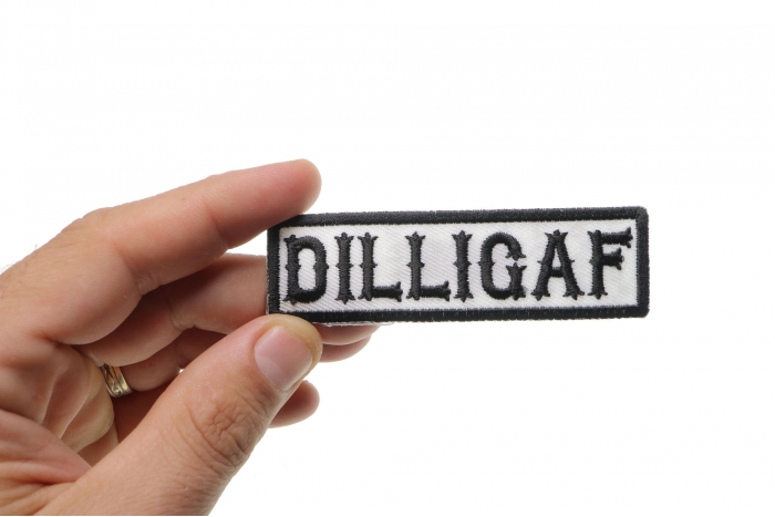 DILLIGAF Patch, Biker Saying Patches shown on hand for size comparison