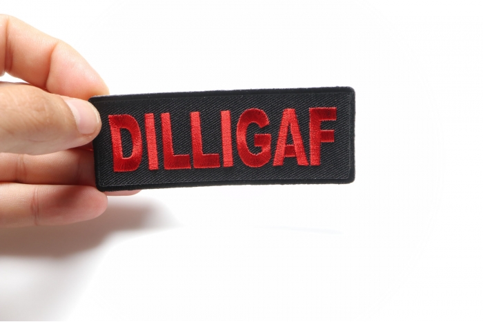 Dilligaf Patch, Biker Saying Patches shown on hand for size comparison